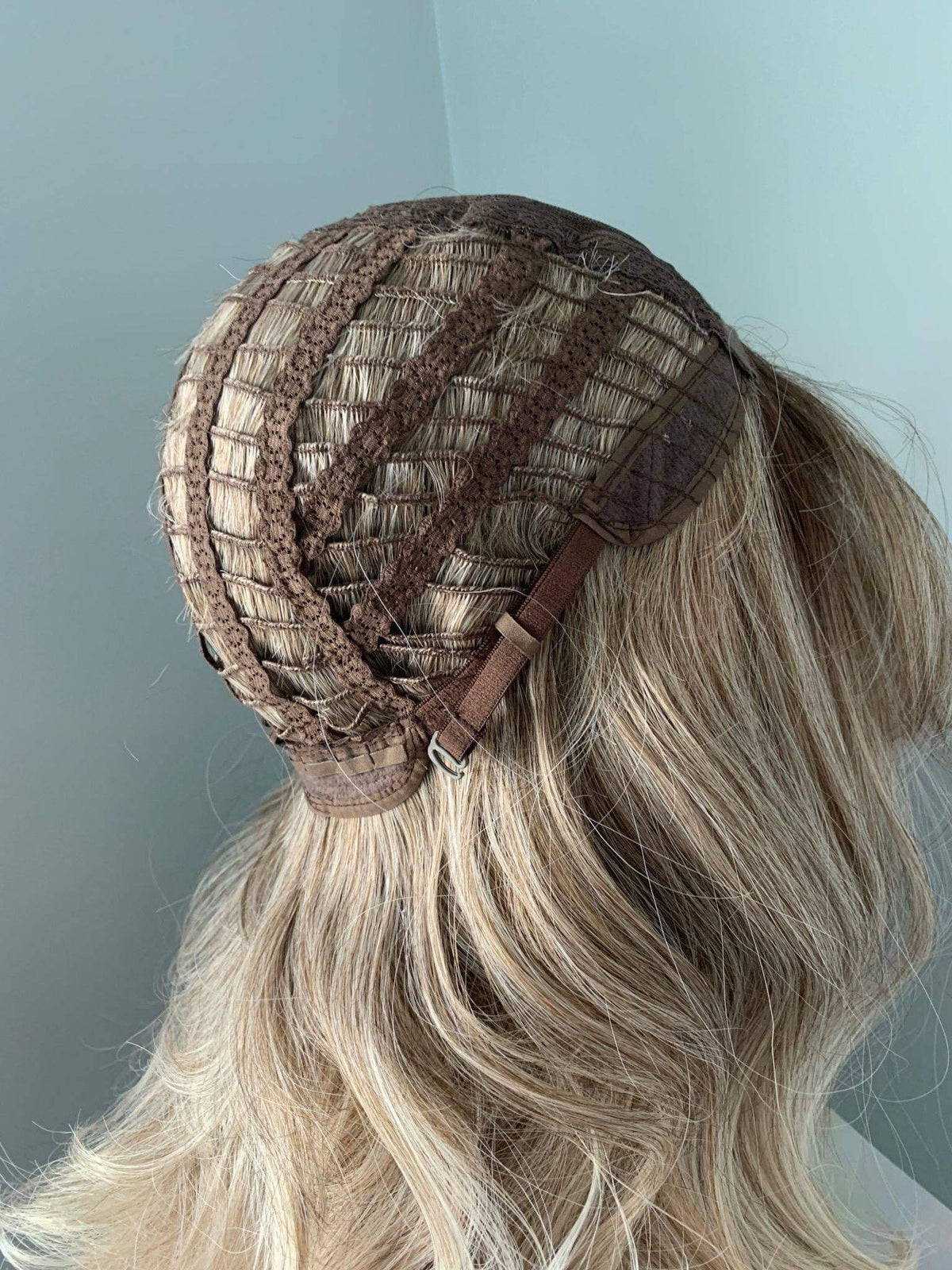 Harlow Rooted Ash Light Brown Wig with Bangs cap construction and detailing, showcasing its premium quality and design.