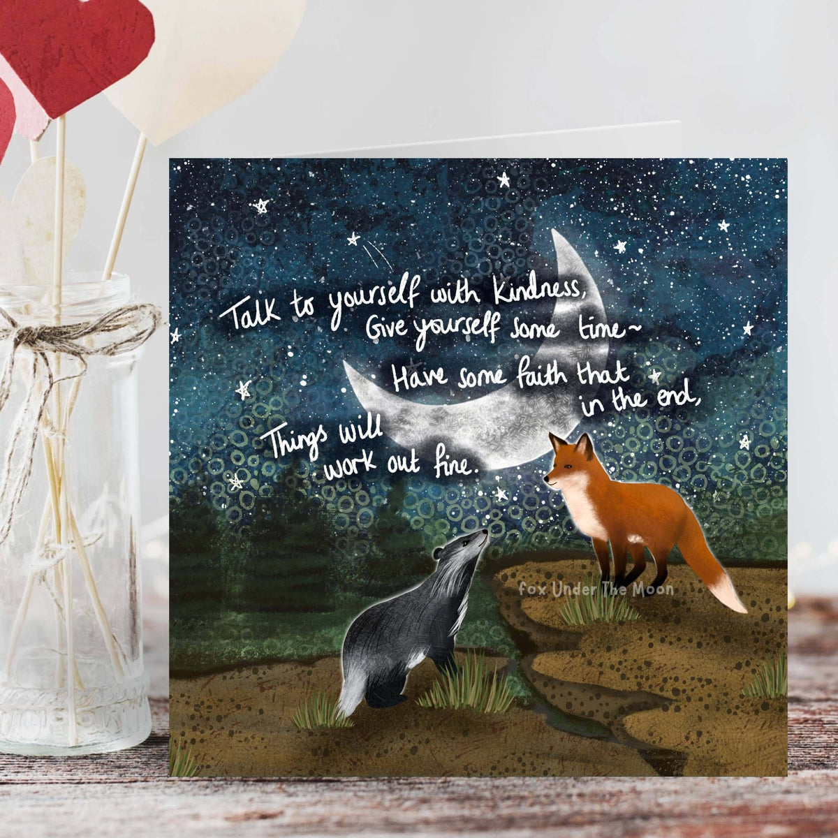 "Have Faith" - Greeting Card by Fox Under The Moon featuring a fox and badger with a starry background.