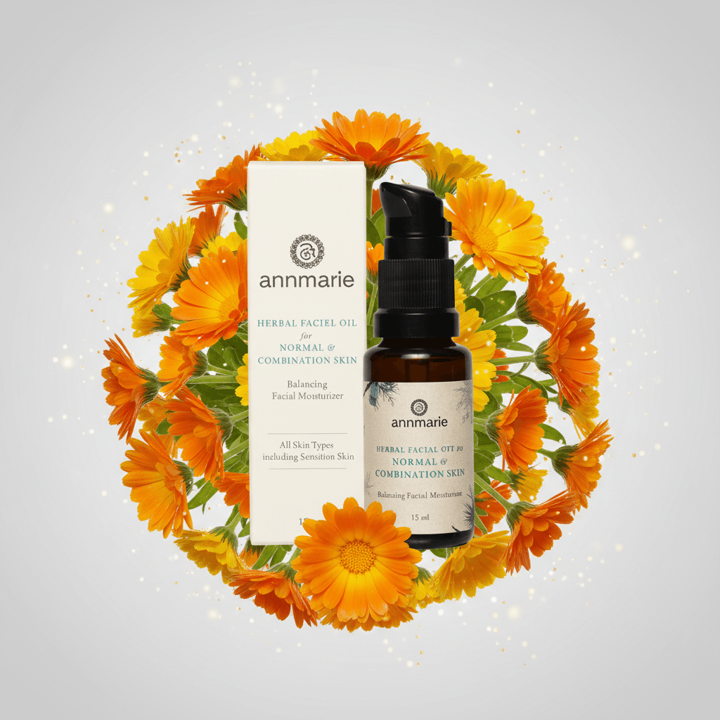 annmarie skincare products surrounded by calendula flowers on a light gray background