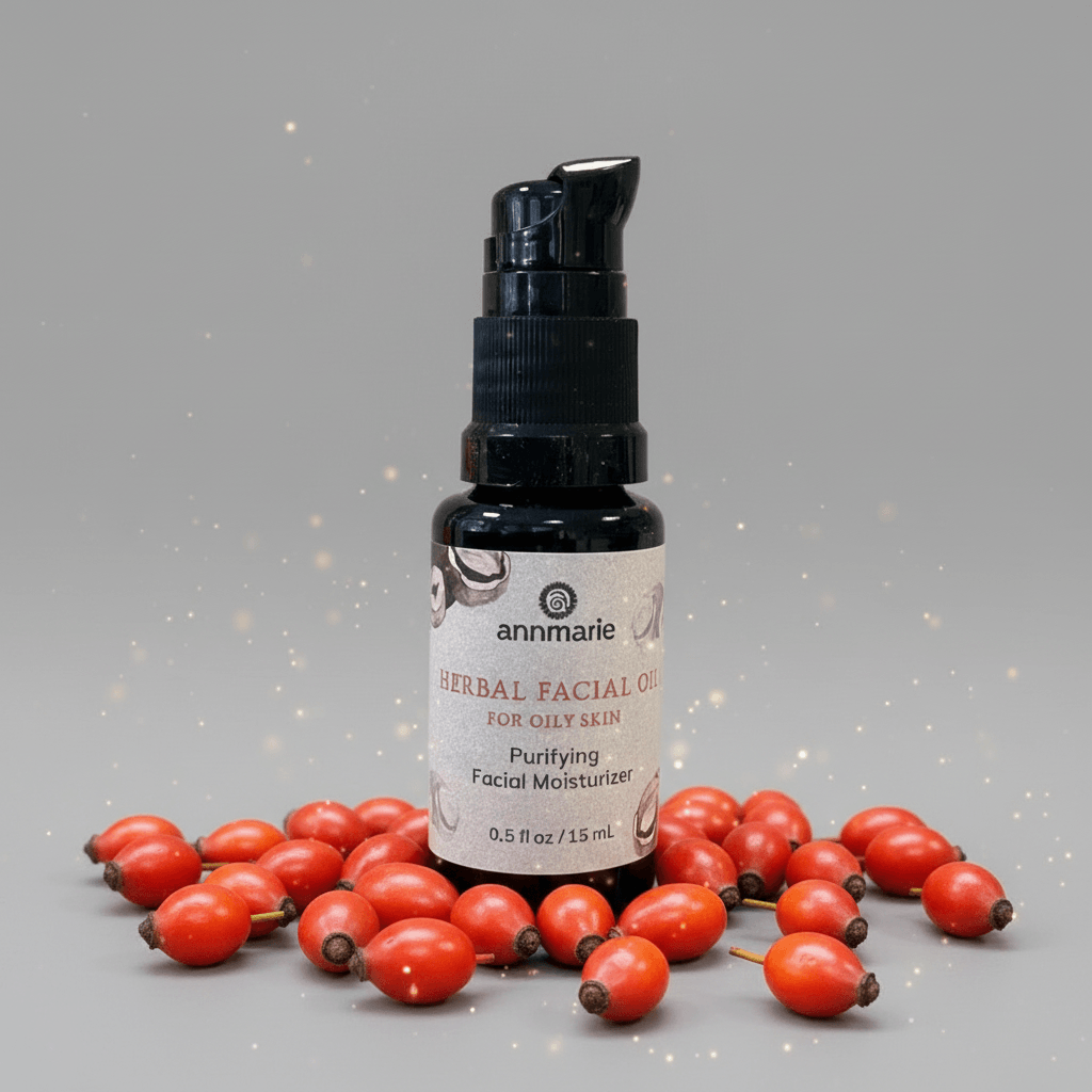 Bottle of annmarie herbal facial oil with rosehips on a gray background
