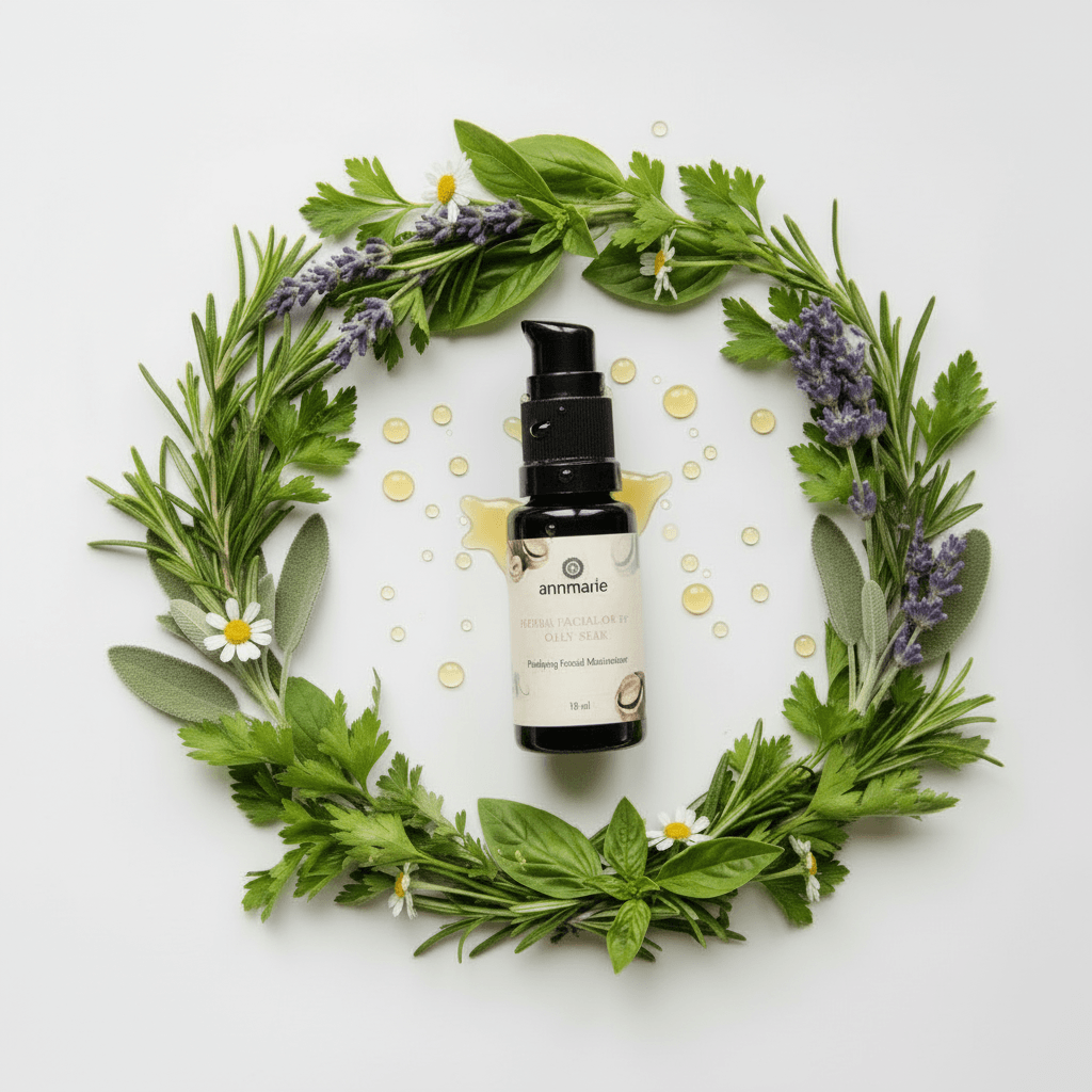 Skincare bottle surrounded by green leaves and lavender flowers on a white background