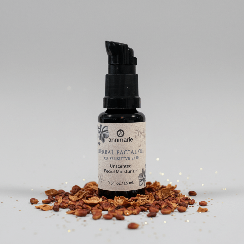 Bottle of Annmarie Herbal Facial Oil with dried herbs on a gray background