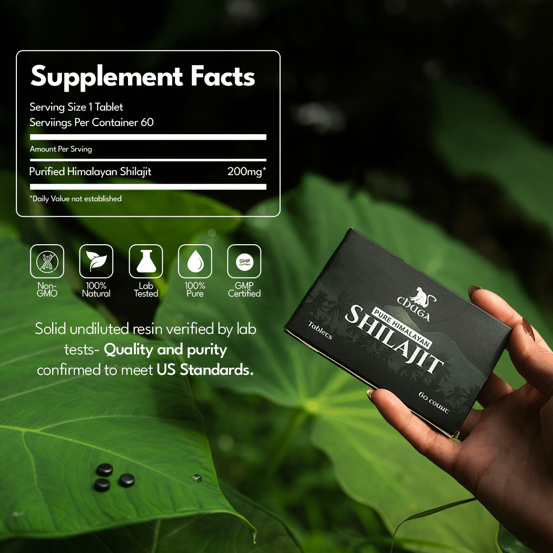 Himalayan Shilajit tablets supplement packaging with supplement facts on a leafy background.