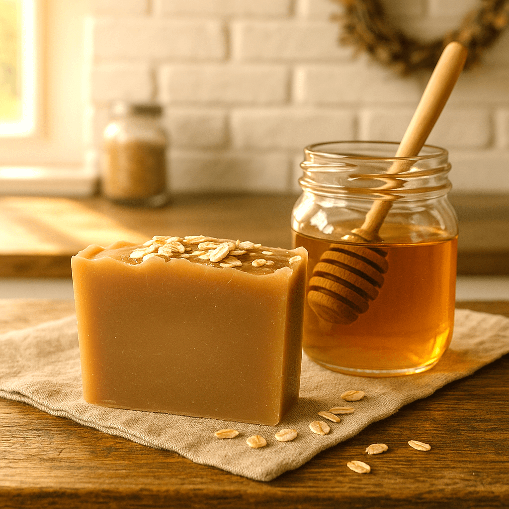 Honey Oat Soap Bar - Soap Boutique next to honey jar and wooden honey dipper on a rustic surface.