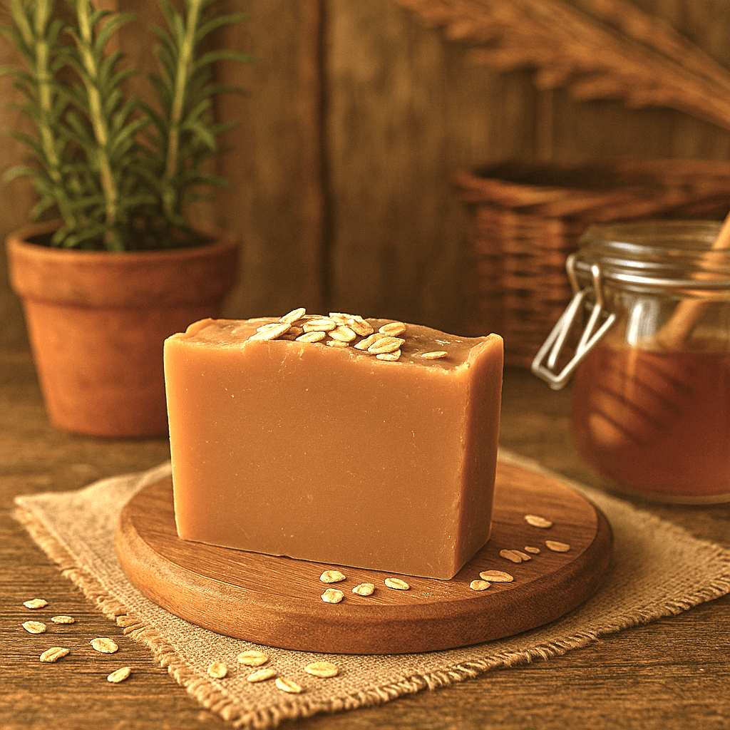Honey Oat Soap Bar - Soap Boutique on a wooden plate with oats, showcasing its creamy texture and natural ingredients.
