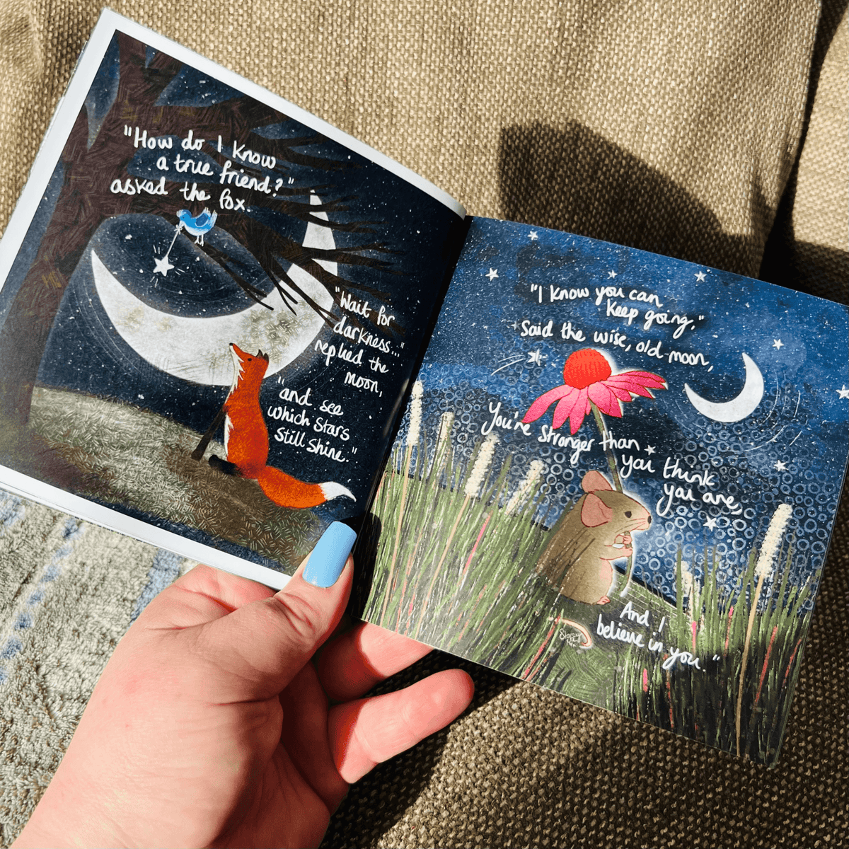 Warm illustration from Hug In A Book mini book, featuring a fox and a mouse sharing words of friendship and encouragement.