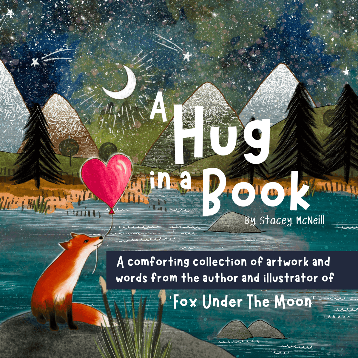 Cover of Hug In A Book mini book featuring a fox and heart balloon, showcasing comforting illustrations.