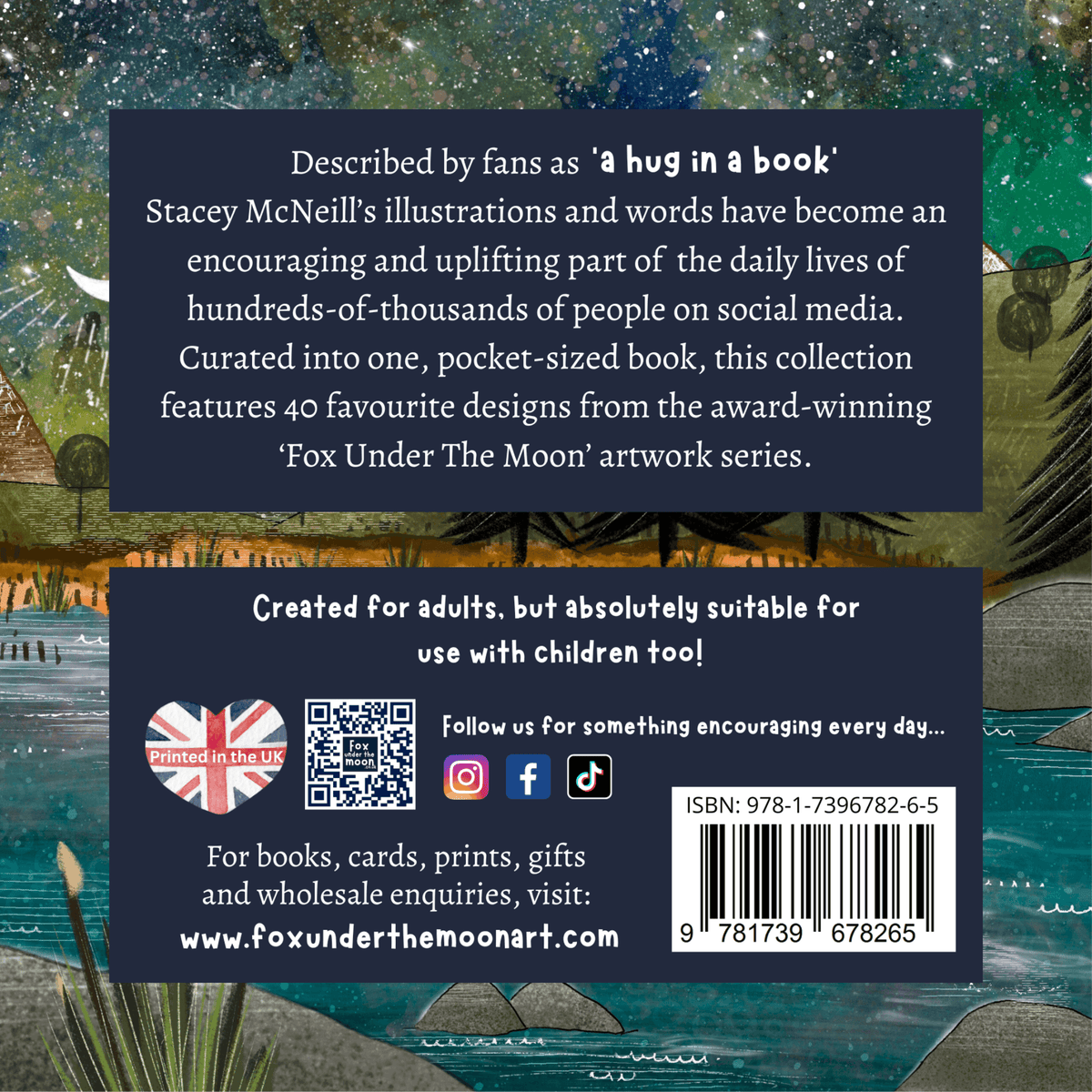 Hug In A Book mini book back cover showcasing uplifting artwork and positive messages from Fox Under The Moon.