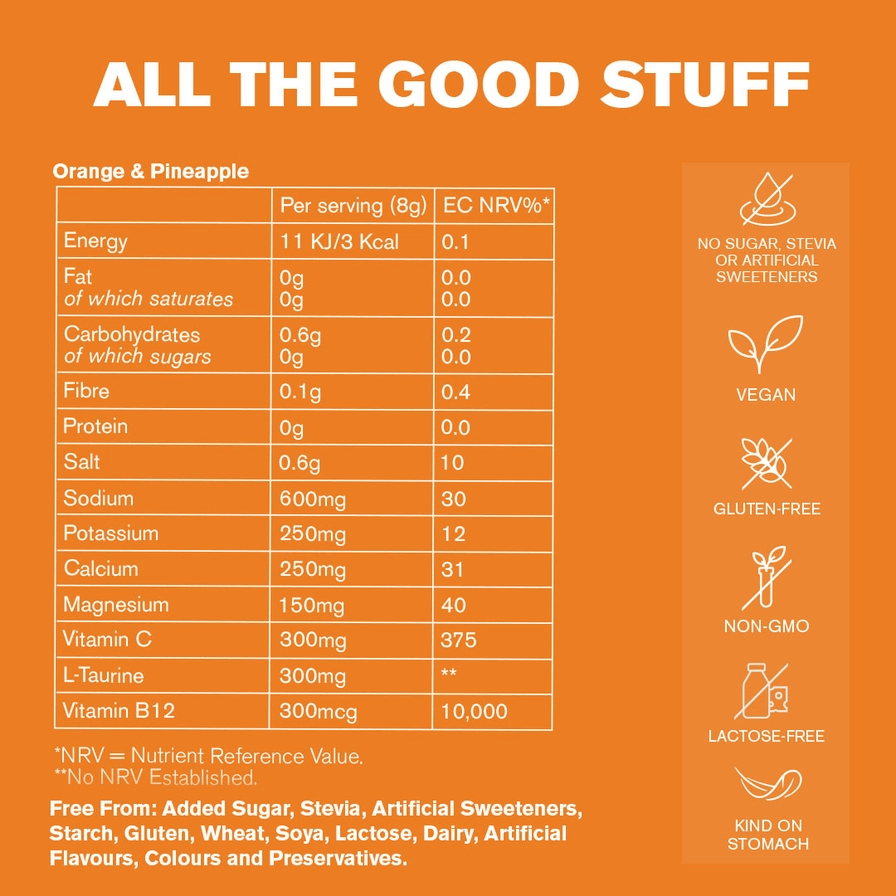 Hydrate+ Electrolyte Drink Mix – Orange & Pineapple, 15 Sachets