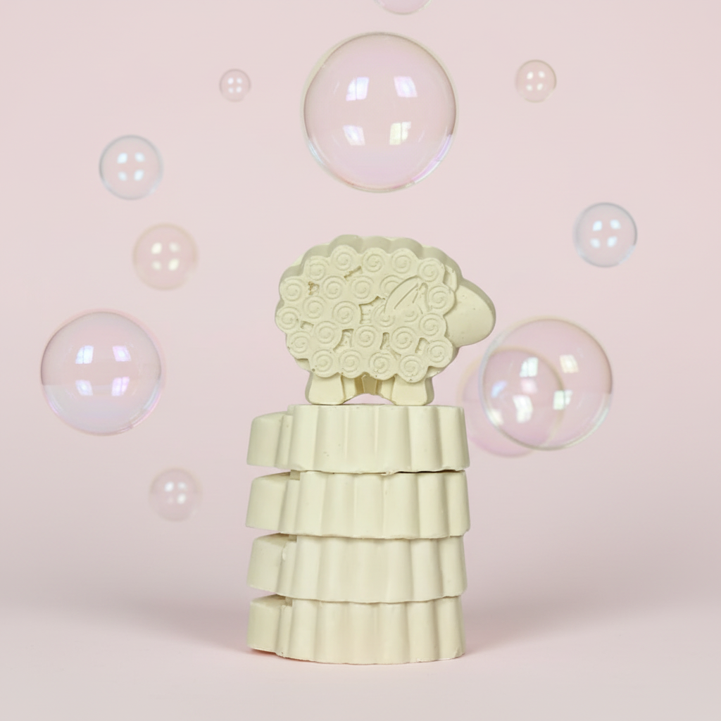 Stack of light green silicone bubbles on a pink background with floating bubbles