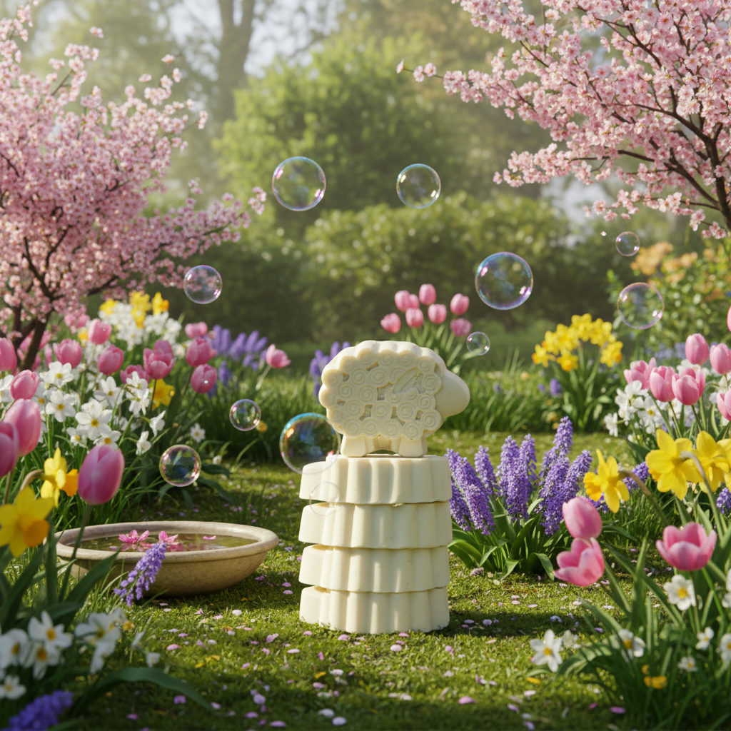 Stack of white soap bars with a sheep design in a garden with flowers and bubbles