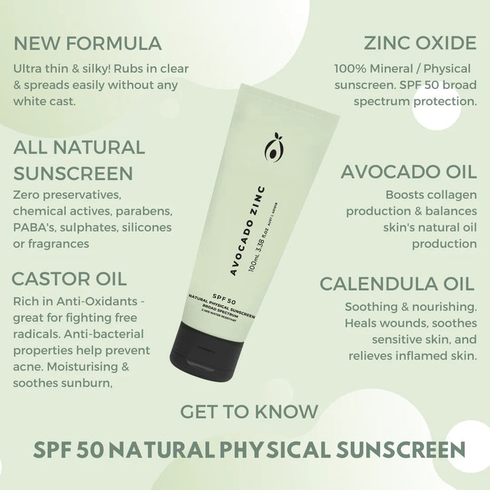 SPF 50 Natural Physical Sunscreen 100ml - Avocado Zinc