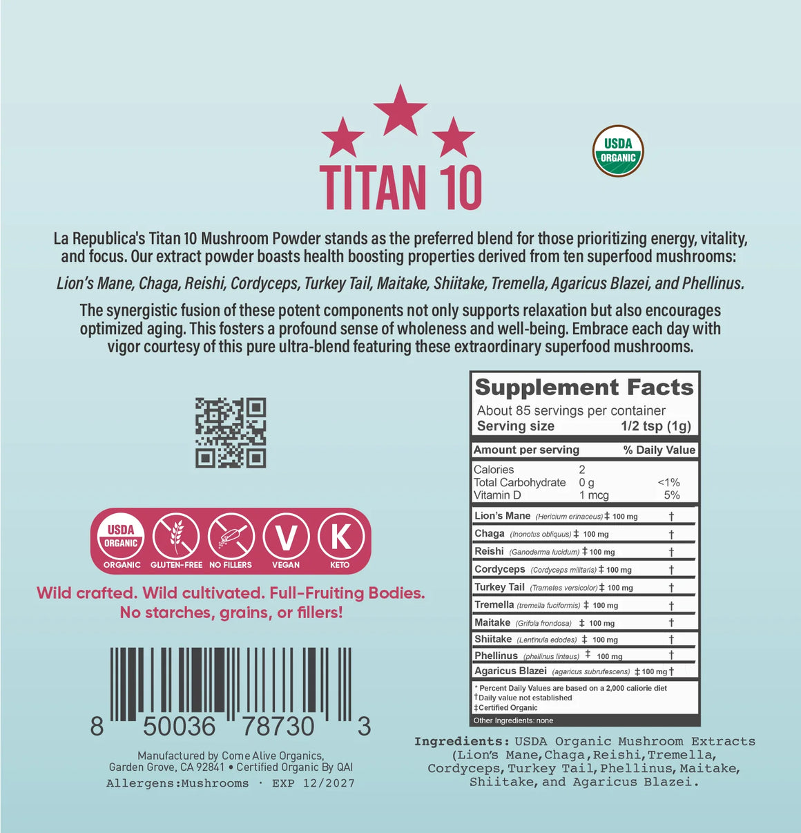 Titan 10 Mushroom Extract Powder 85g *Limited Edition* - La Republica