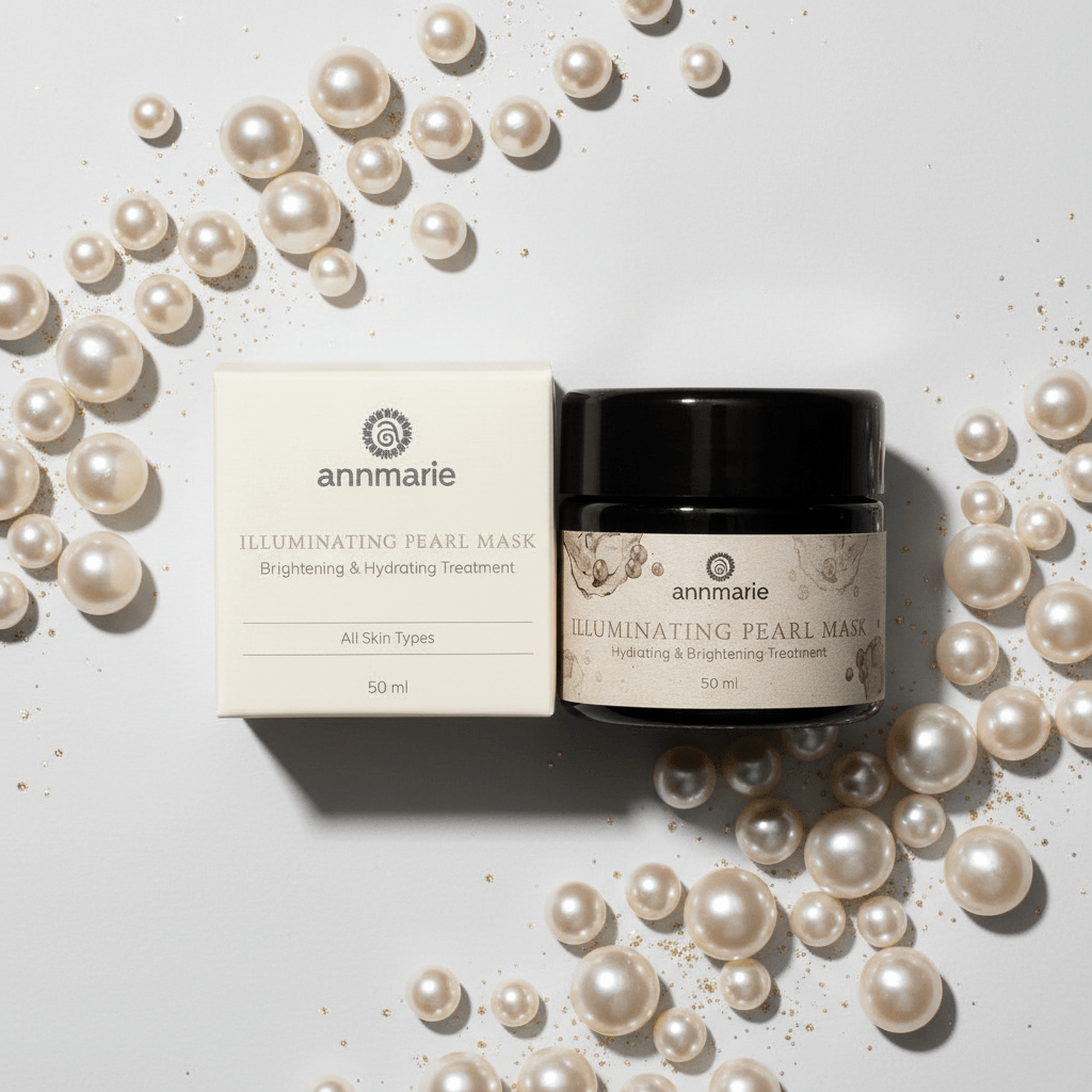 Annmarie Illuminating Pearl Mask with packaging surrounded by pearls on a light background