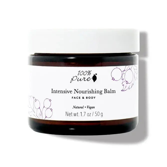 100% Pure Intensive Nourishing Balm jar for face and body, designed for deep moisture and soothing dry skin conditions.