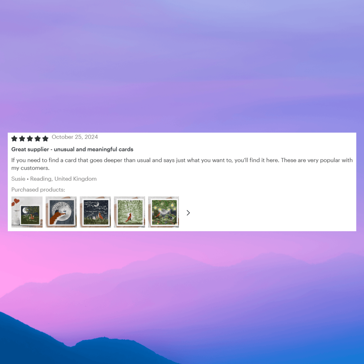 Customer review for meaningful greeting cards with a colorful background and product images.