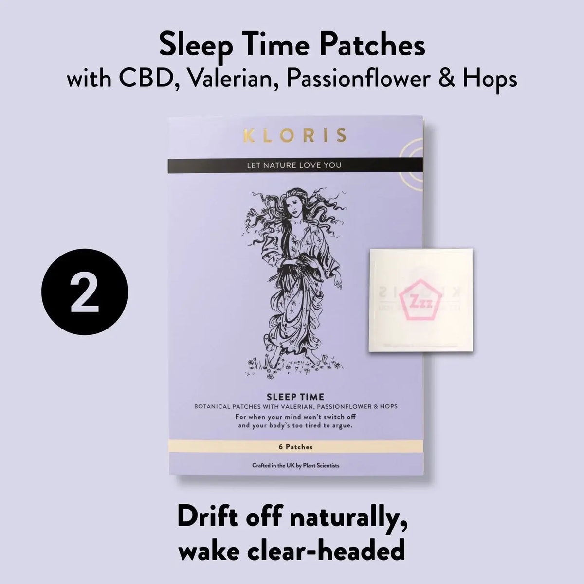 Sleep Time Patches with CBD, Valerian, Passionflower & Hops by KLORIS on a light purple background