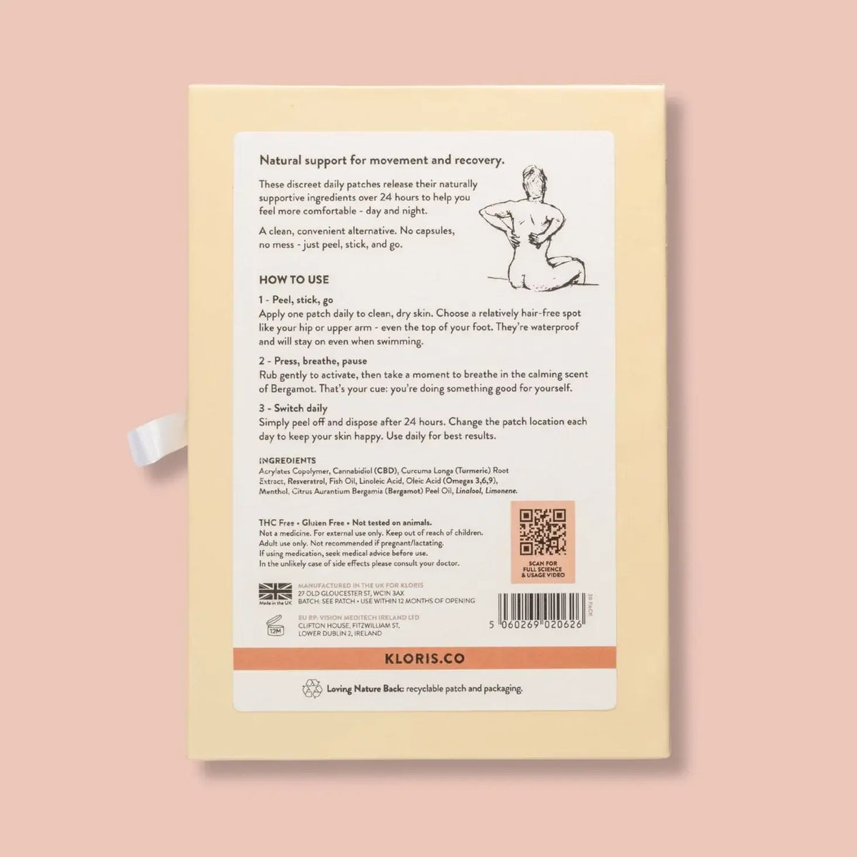 Back of a Kloris Co product packaging with text and QR code on a pink background