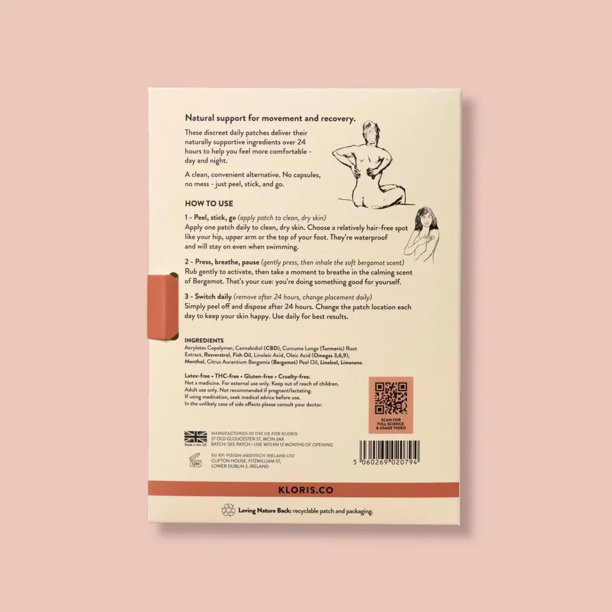 Back of a product packaging with text and illustrations on a pink background