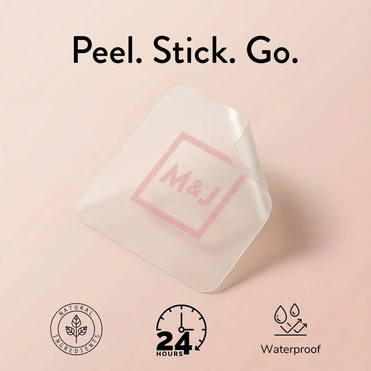 Product packaging with 'M&J' branding on a pink background, featuring text 'Peel. Stick.
