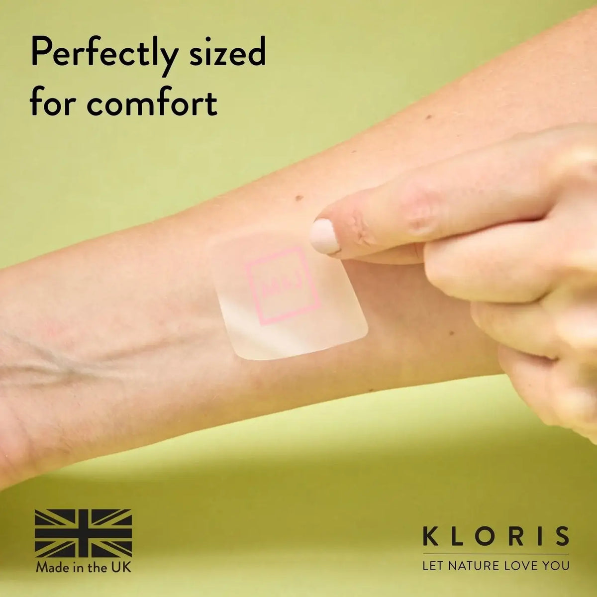 Person applying a transparent patch on their arm with text 'Perfectly sized for comfort' and 'Kloris' branding.