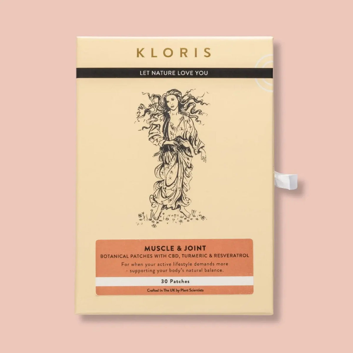 Kloris muscle and joint patch packaging on a pink background