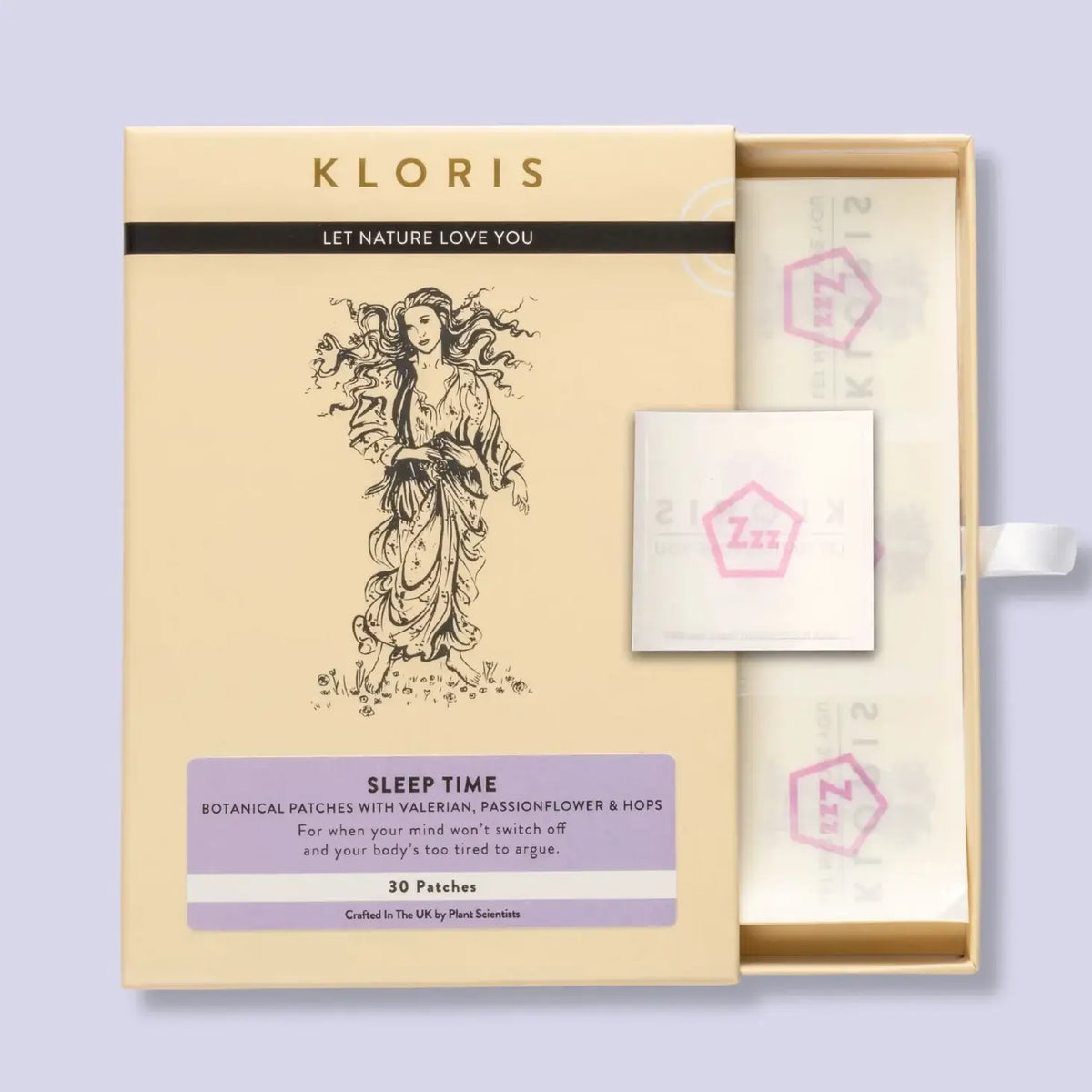 Kloris sleep time botanical patches packaging with illustration and text on a light purple background