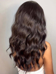 Back view of a Kayla Long Dark Brown Wig with Bangs, showcasing soft waves and natural shine.