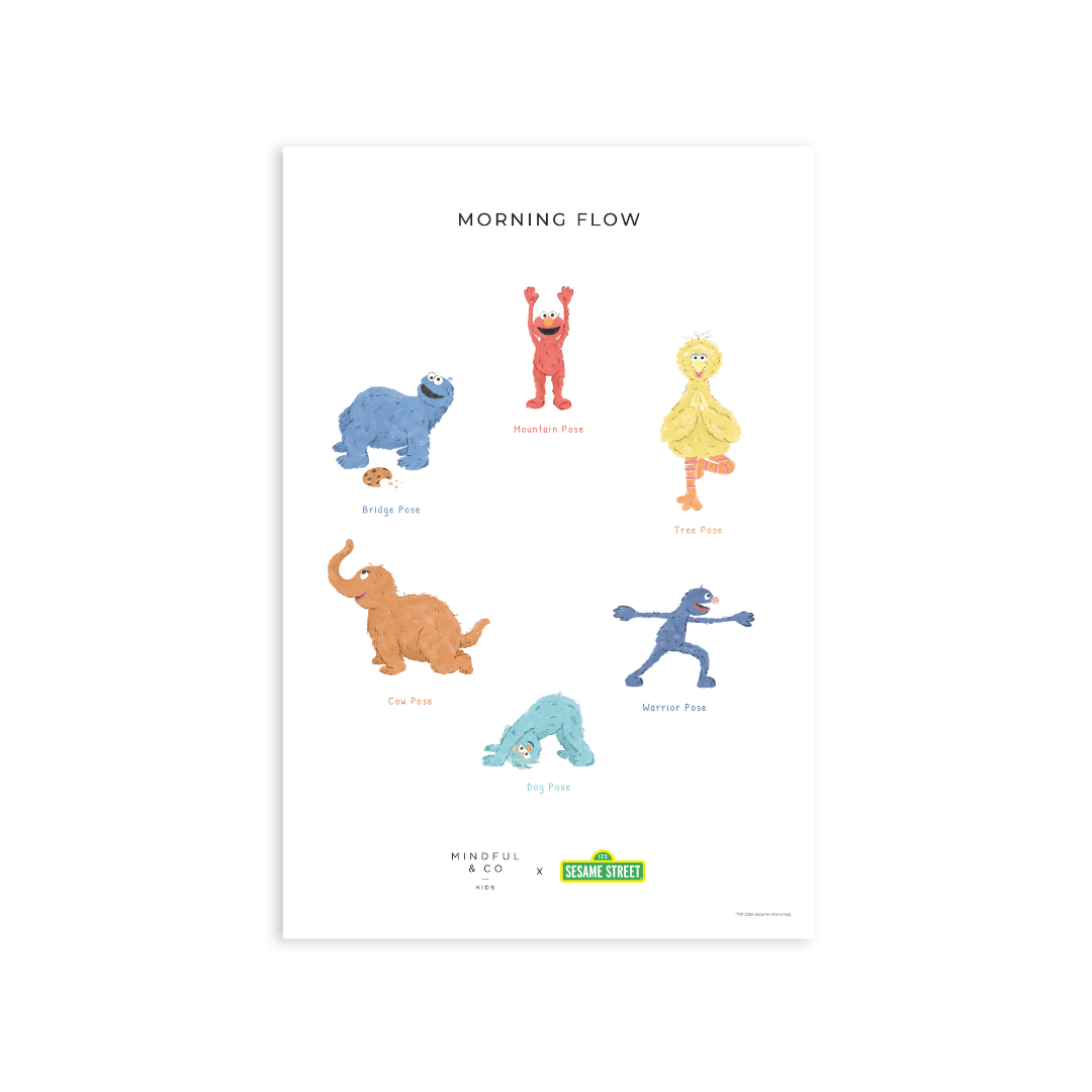 Double-sided Sesame Street Yoga Poses Print featuring Morning Flow yoga poses for kids.