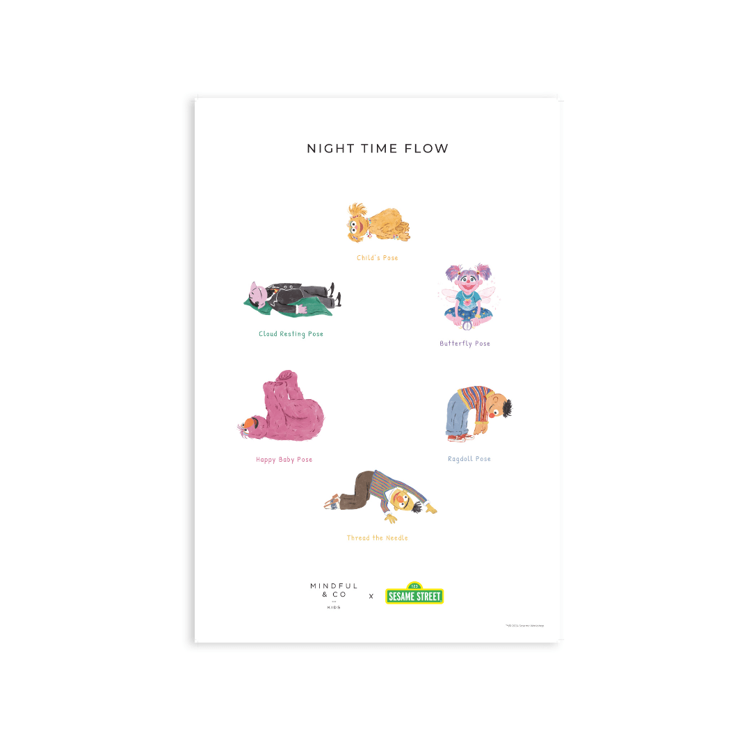 Double-sided Sesame Street Yoga Poses Print featuring Night Time Flow poses like Child's Pose and Cloud Breathing Pose.
