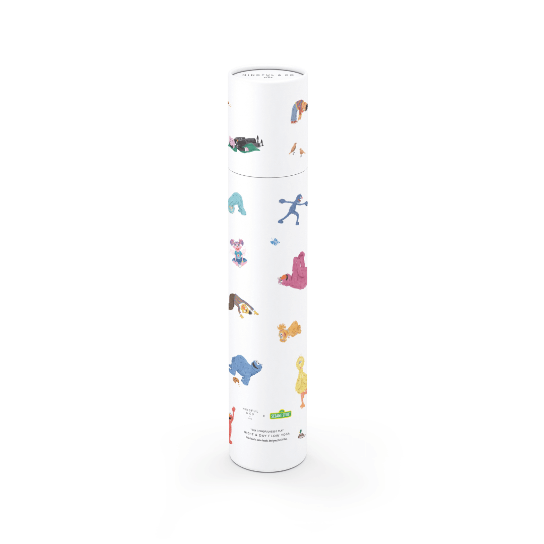 Double-sided Sesame Street Yoga Poses Print in a cylindrical packaging featuring colorful character illustrations.