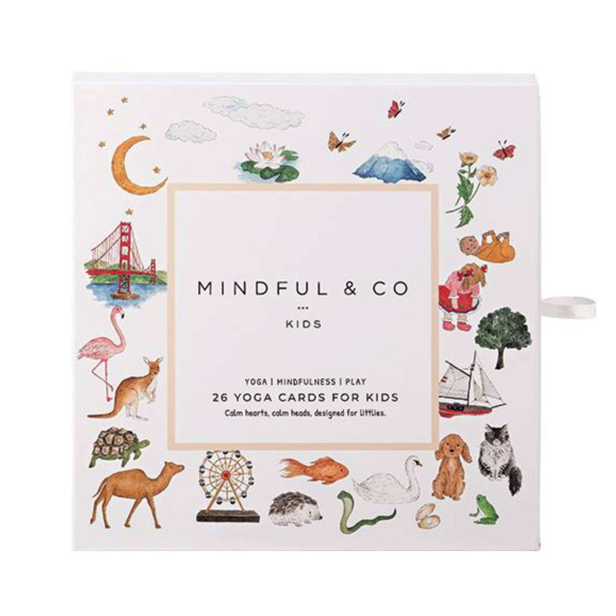 Yoga Flash Cards packaging featuring colorful illustrations and playful designs for children's mindfulness and yoga practice.