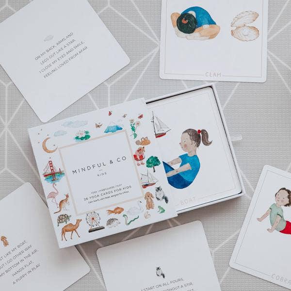 Yoga Flash Cards box with colorful illustrations and yoga pose cards for kids, perfect for inspiring mindfulness and movement.