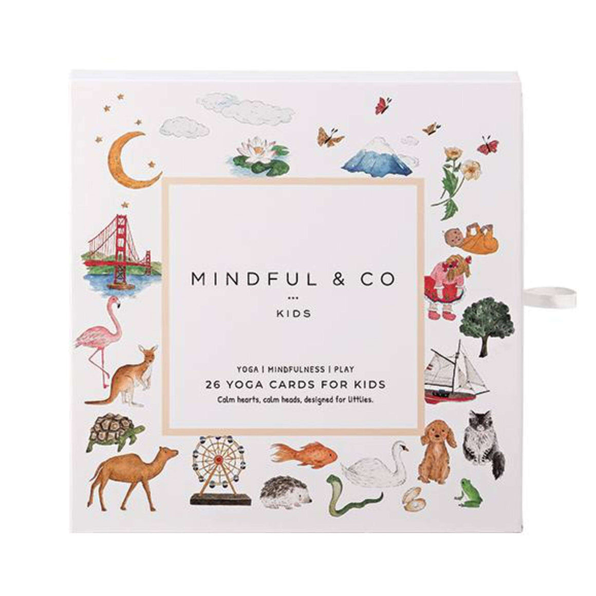 Yoga Flash Cards packaging featuring colorful illustrations and playful designs for children's mindfulness and yoga practice.