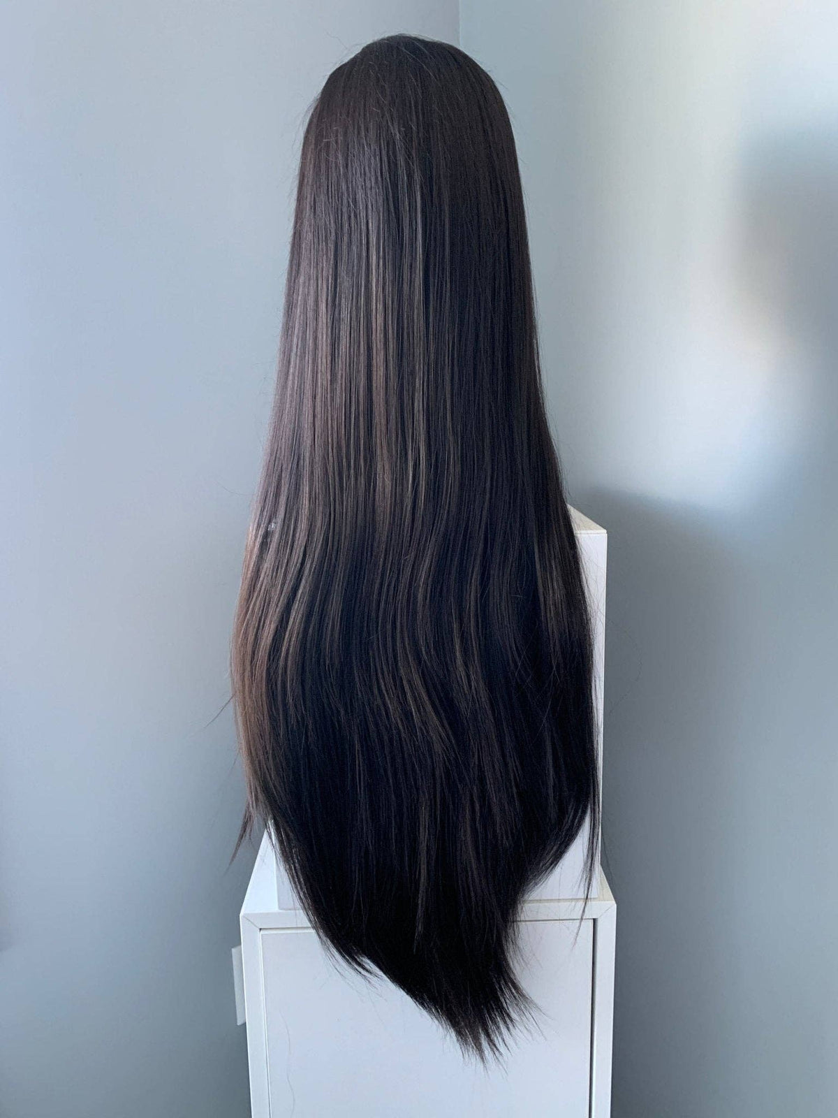 Kim Long Black Silky Straight Partial Lace Front Wig displayed from the back, showcasing its sleek, long hairstyle.