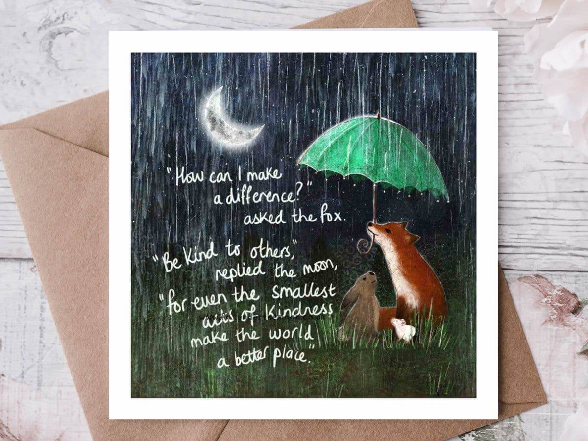 Kindness Thank You Card by Fox Under The Moon featuring Fox, Rabbit, and Mouse under an umbrella with a heartfelt message.