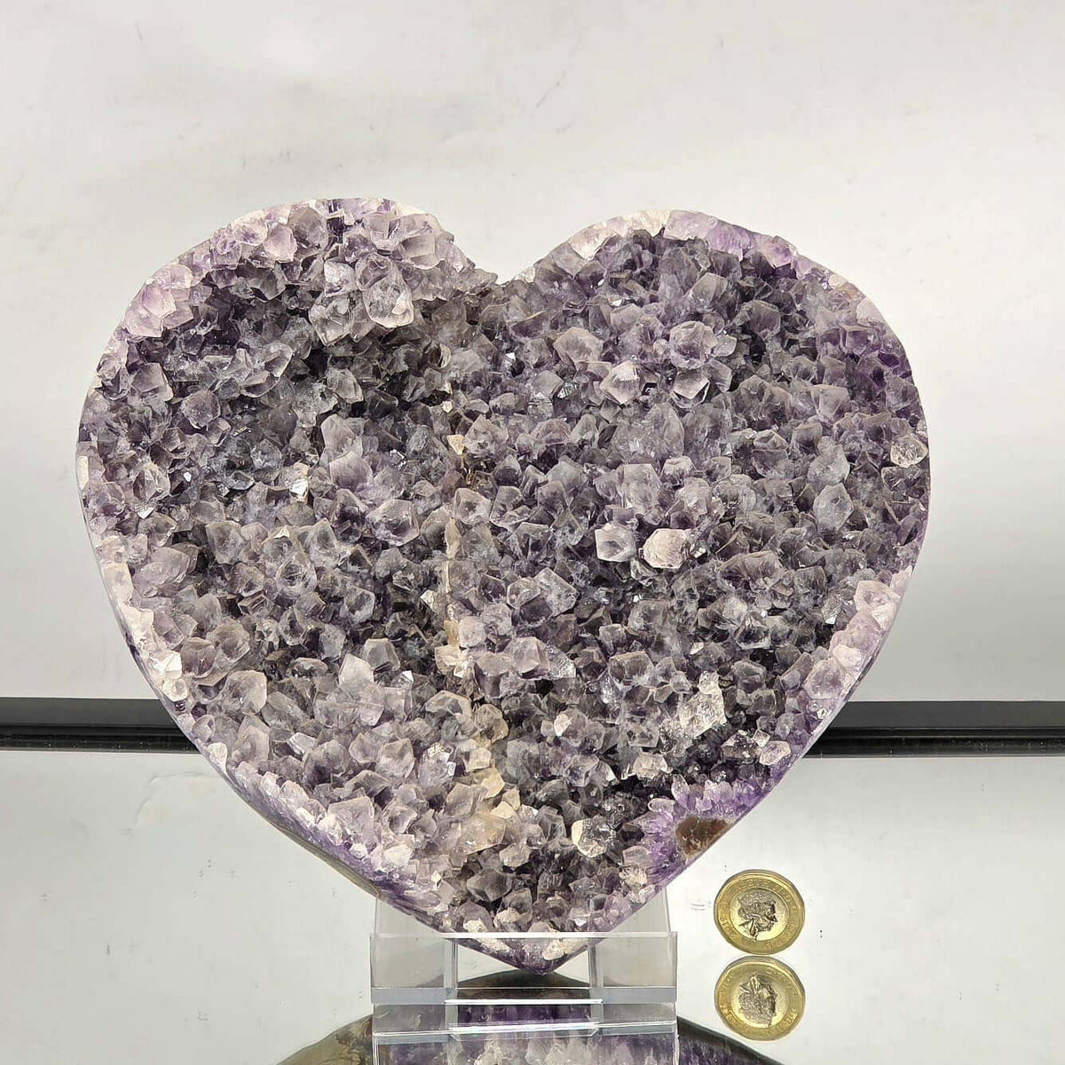 Large Amethyst Crystal Heart, polished Brazilian amethyst quartz in a heart shape, promoting peace and harmony.