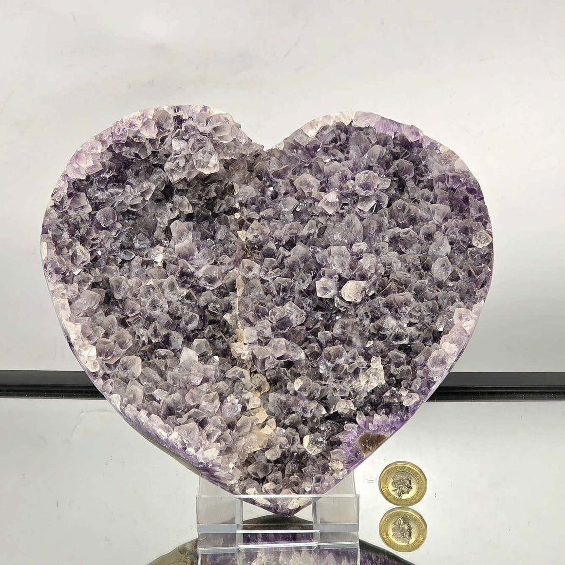Large Amethyst Crystal Heart, polished Brazilian amethyst quartz in a heart shape, promoting peace and harmony.