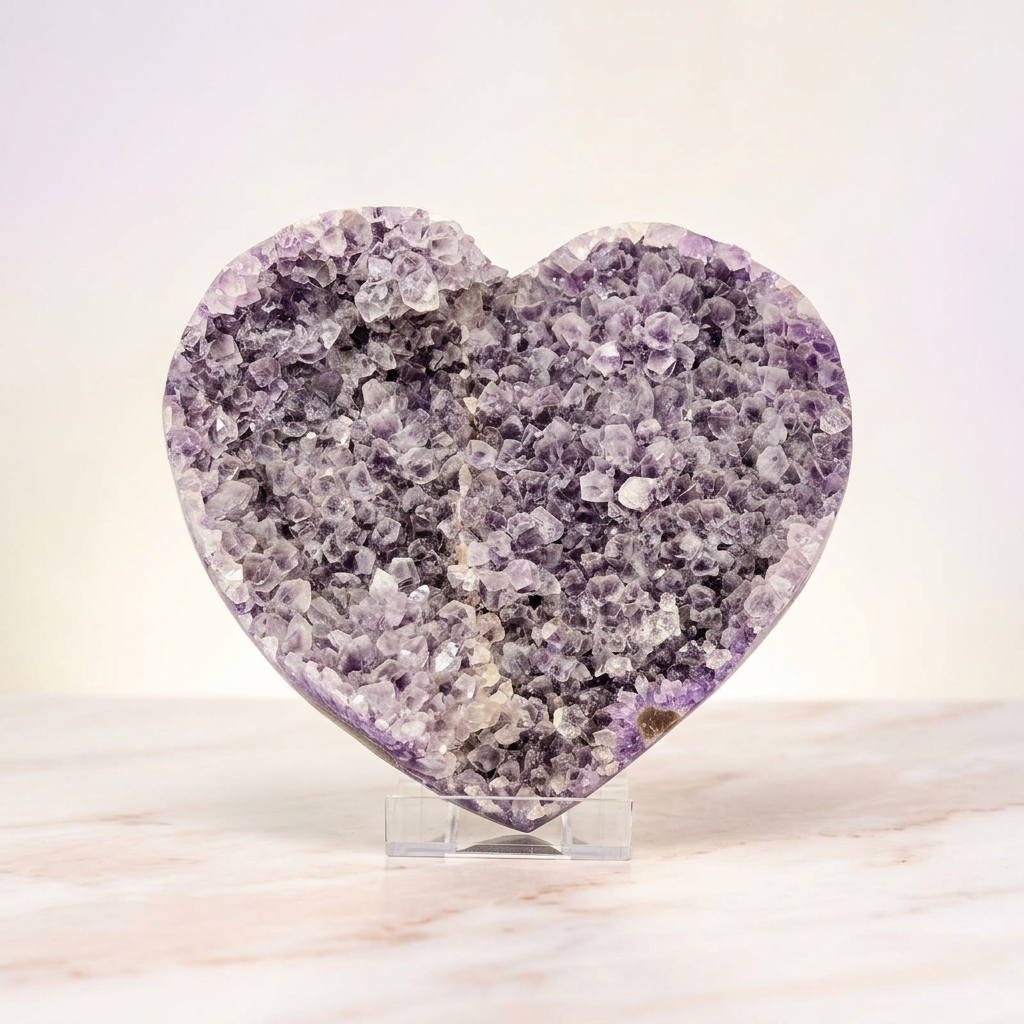 Large Amethyst Crystal Heart showcasing natural Brazilian amethyst quartz in a beautiful heart shape.