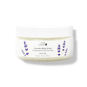 Lavender Body Scrub 285ml jar with lavender flowers design, 100% Pure, natural and vegan body scrub for a spa-like experience.