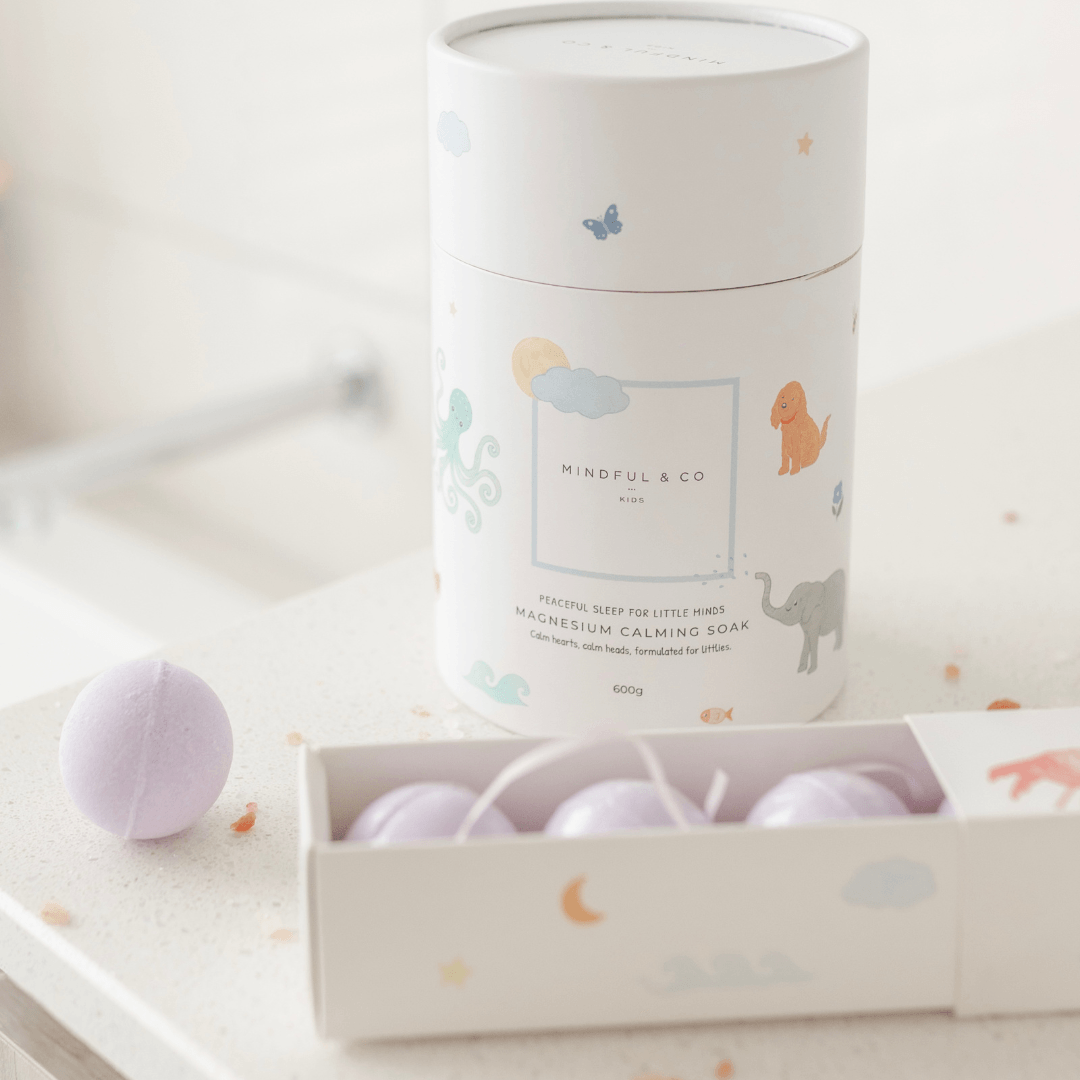 Mindful & Co magnesium calming stars in a decorative box with a branded container.
