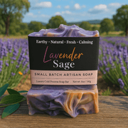 Lavender Sage Bar Soap - Soap Boutique, handcrafted artisan soap in rich purple and amber hues, set in a lavender field.
