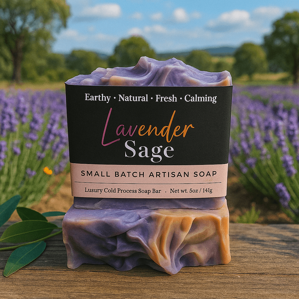Lavender Sage Bar Soap - Soap Boutique, handcrafted artisan soap in rich purple and amber hues, set in a lavender field.