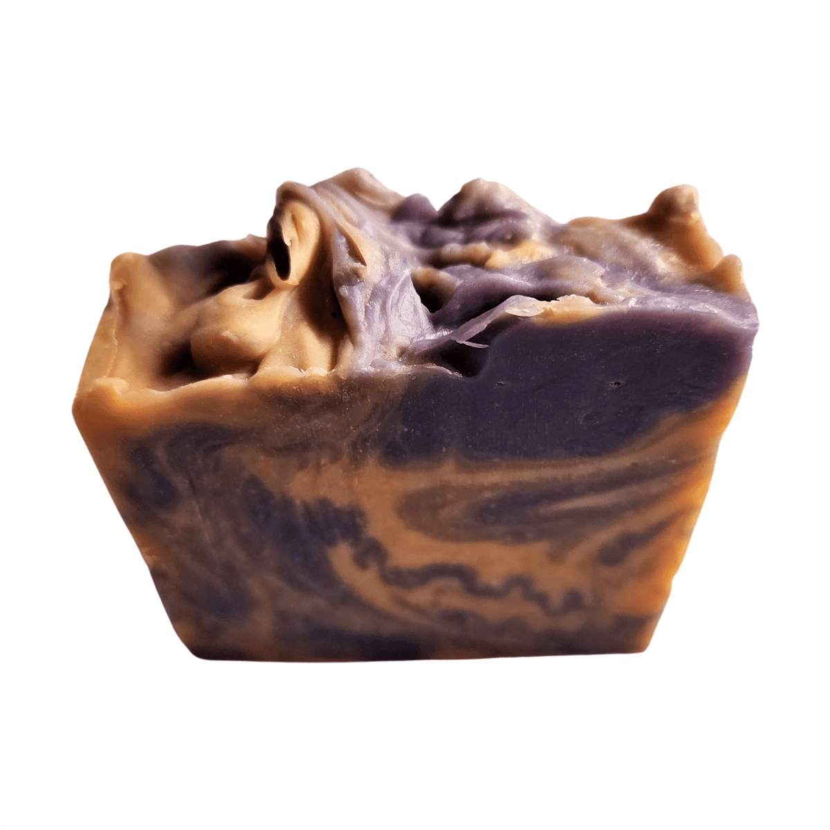 Lavender Sage Bar Soap - Soap Boutique with rich purple and amber swirls, handcrafted for a calming aromatherapy experience.