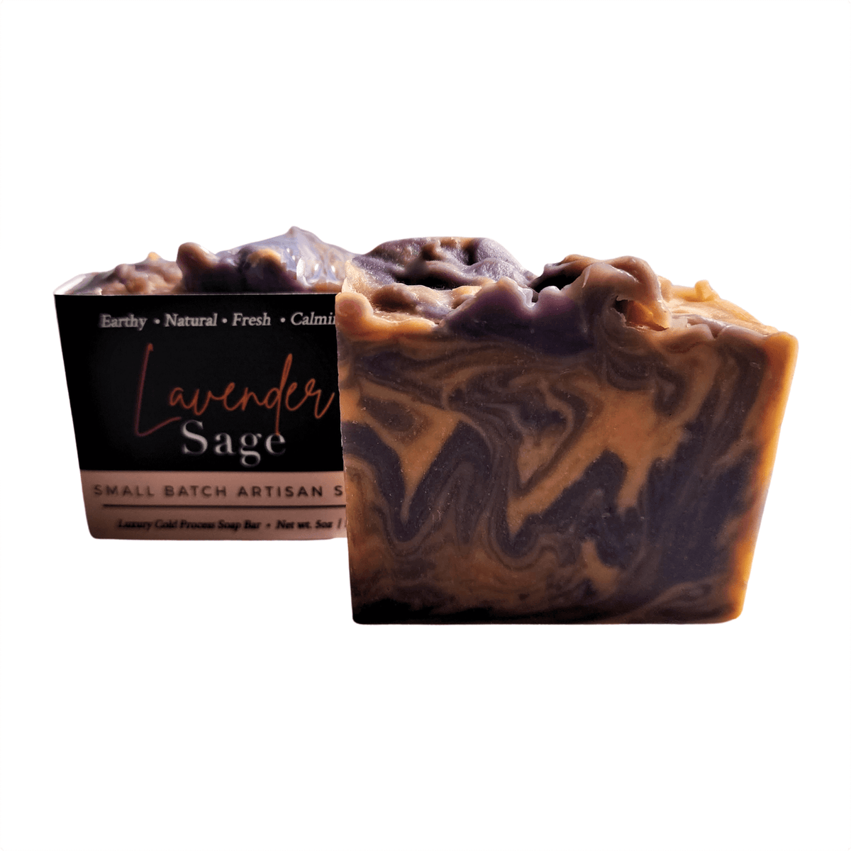 Lavender Sage Bar Soap - Soap Boutique, handcrafted with calming lavender and sage, featuring swirled purple and amber hues.