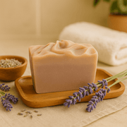 Lavender Vanilla Bar Soap - Soap Boutique on a wooden tray surrounded by lavender flowers
