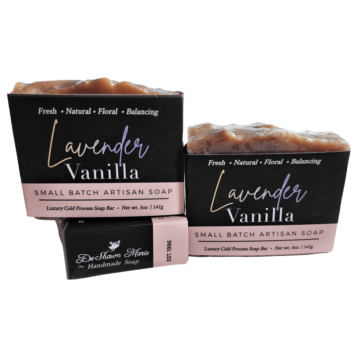 Lavender Vanilla Bar Soap - Soap Boutique - three small batch artisan soap bars with labels.