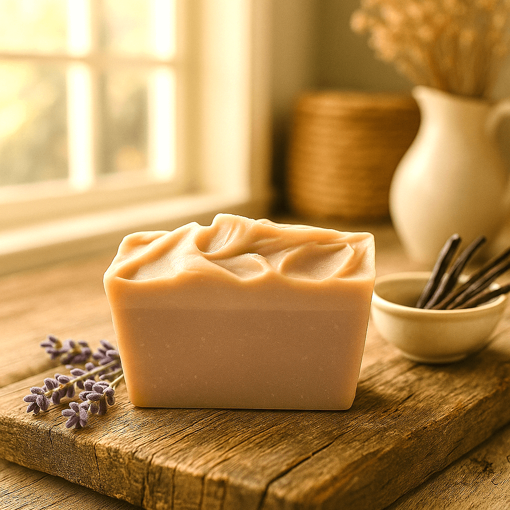 Lavender Vanilla Bar Soap - Soap Boutique displayed on a wooden surface with lavender and vanilla beans.