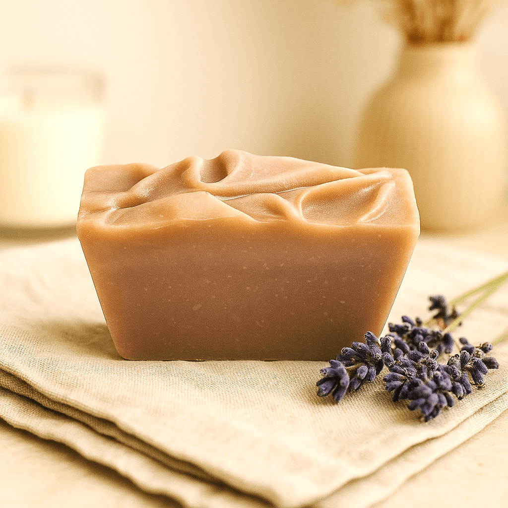 Lavender Vanilla Bar Soap - Soap Boutique on a beige cloth with lavender flowers.