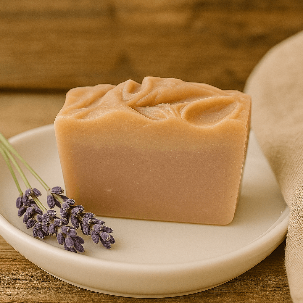 Lavender Vanilla Bar Soap - Soap Boutique on a plate with fresh lavender sprigs, showcasing its creamy texture.